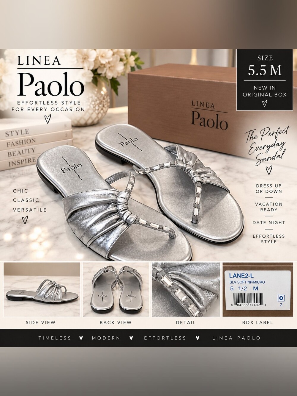 Linea Paolo Lane2-L Silver Metallic Embellished Slide Sandals Size 5.5 M, NIB